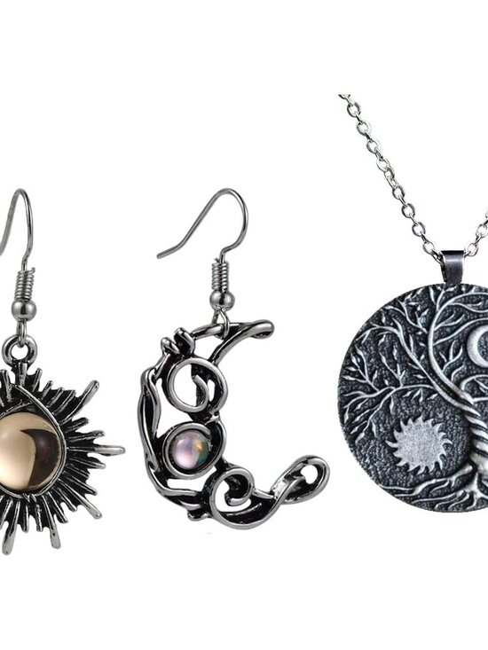 Jewelry - Retro Sun Moon Earrings & Necklace Moonstone Asymmetric Boho style Earrings for